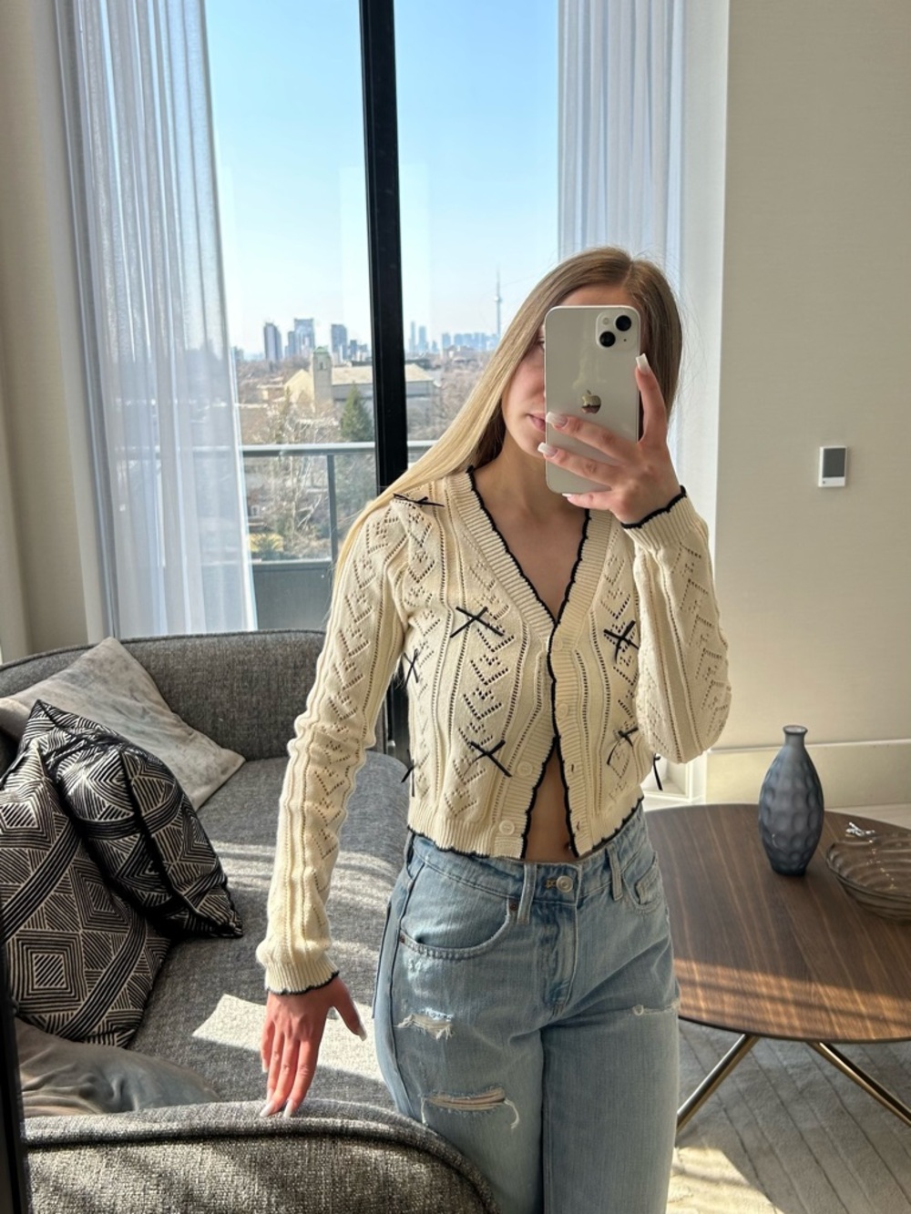 Cream Knit Cropped Cardigan with Black Trim